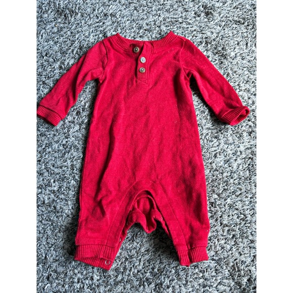 Old Navy Other - Old Navy 0-3M Red Cotton Knit Long Sleeve Button Romper One-Piece